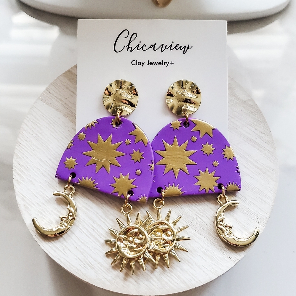 Handmade Polymer Clay Earrings - Purple Celestial Star Earrings